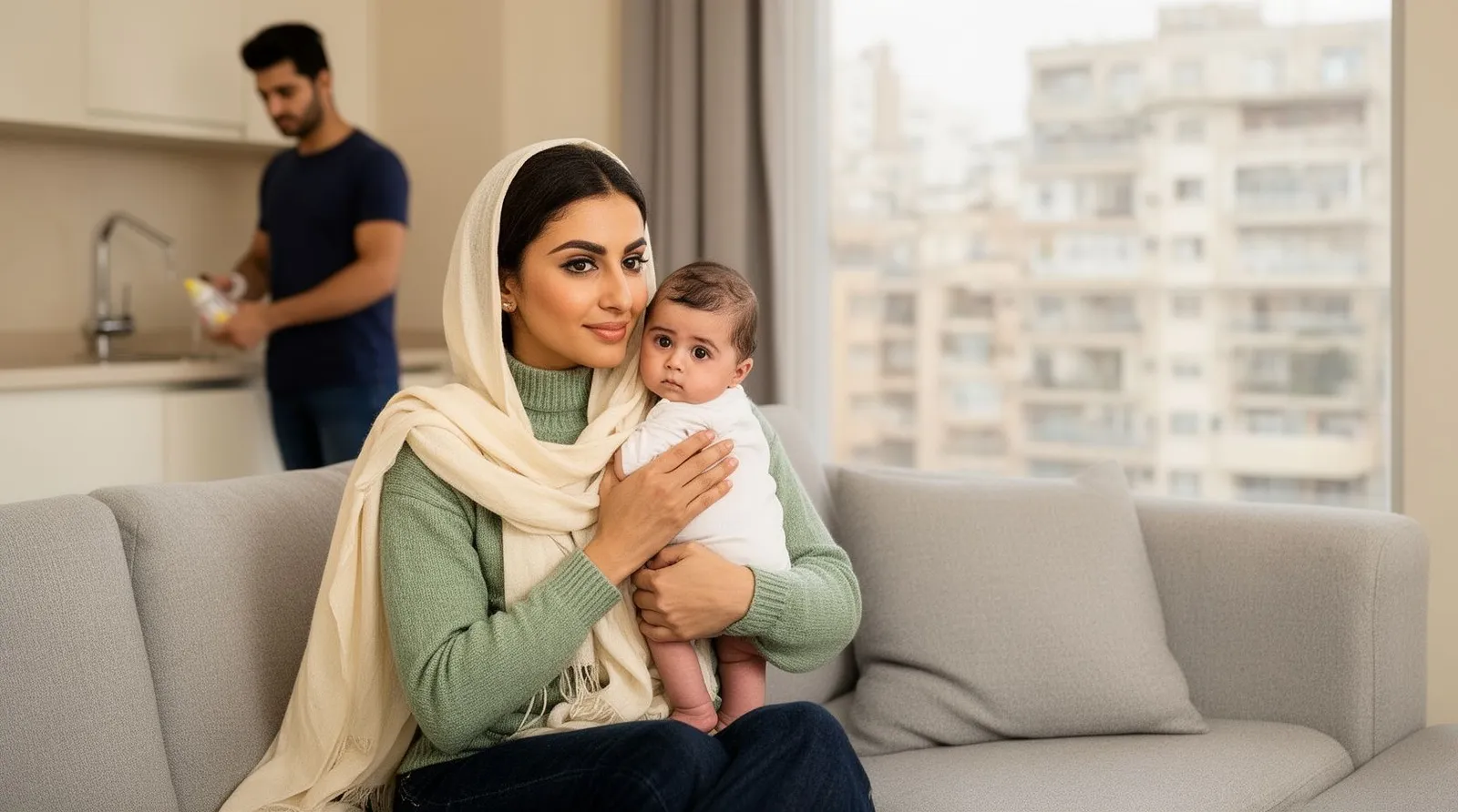 مادر ایرانی با شال کرم آزاد روی مبل آپارتمان مدرن تهران نوزاد دوماههاش را بعد از شیر روی شانه گرفته و پشتش را میزند؛ پدر در پسزمینه کنار سینک شیشهٔ شیر را میشوید