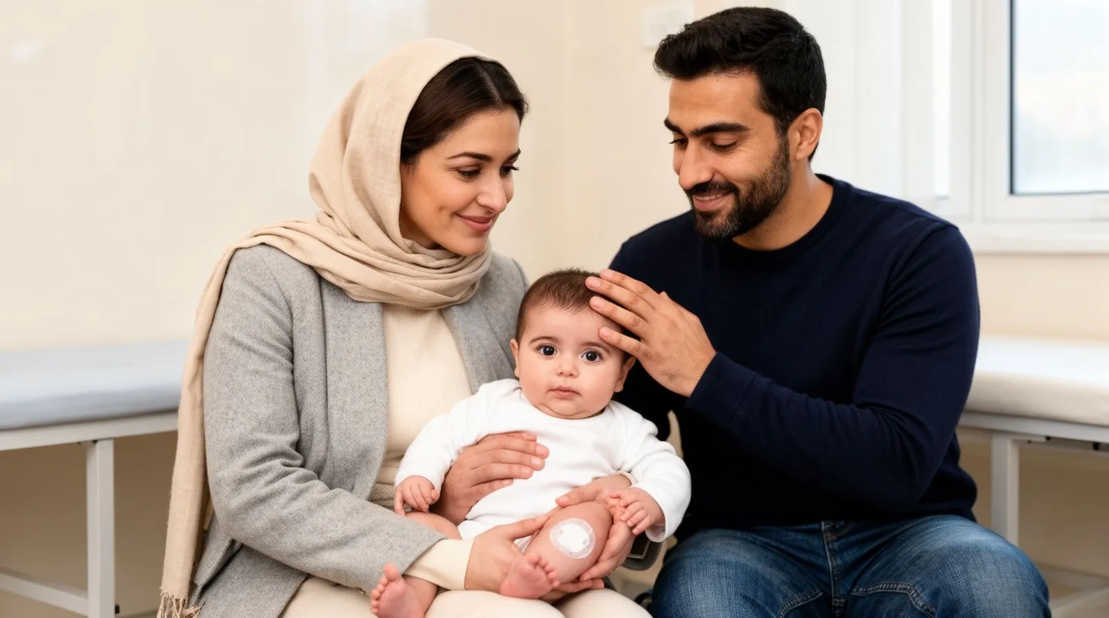 مادر ایرانی با شال روشن و پدر با تهریش در اتاق روشن پایگاه سلامت نوزاد چهارماههشان را بعد از واکسن آرام میکنند؛ چسب زخم کوچکی روی ران نوزاد است