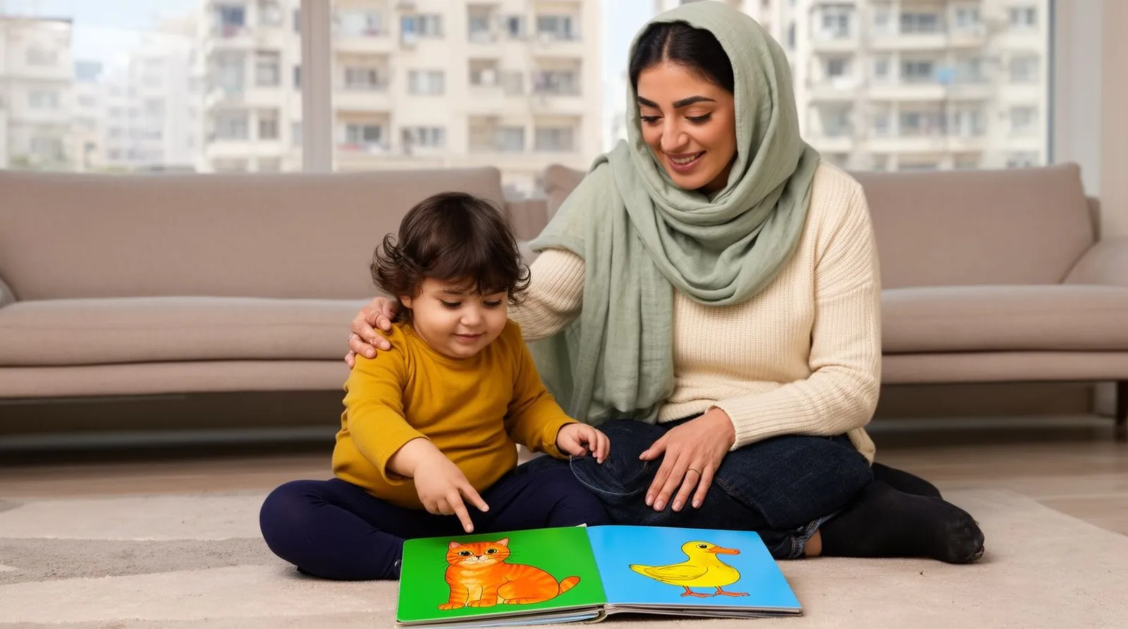 مادر ایرانی روی فرش کنار کودک ۱۸ ماههاش نشسته و کودک با انگشت به تصویر گربه در کتاب مقوایی اشاره میکند