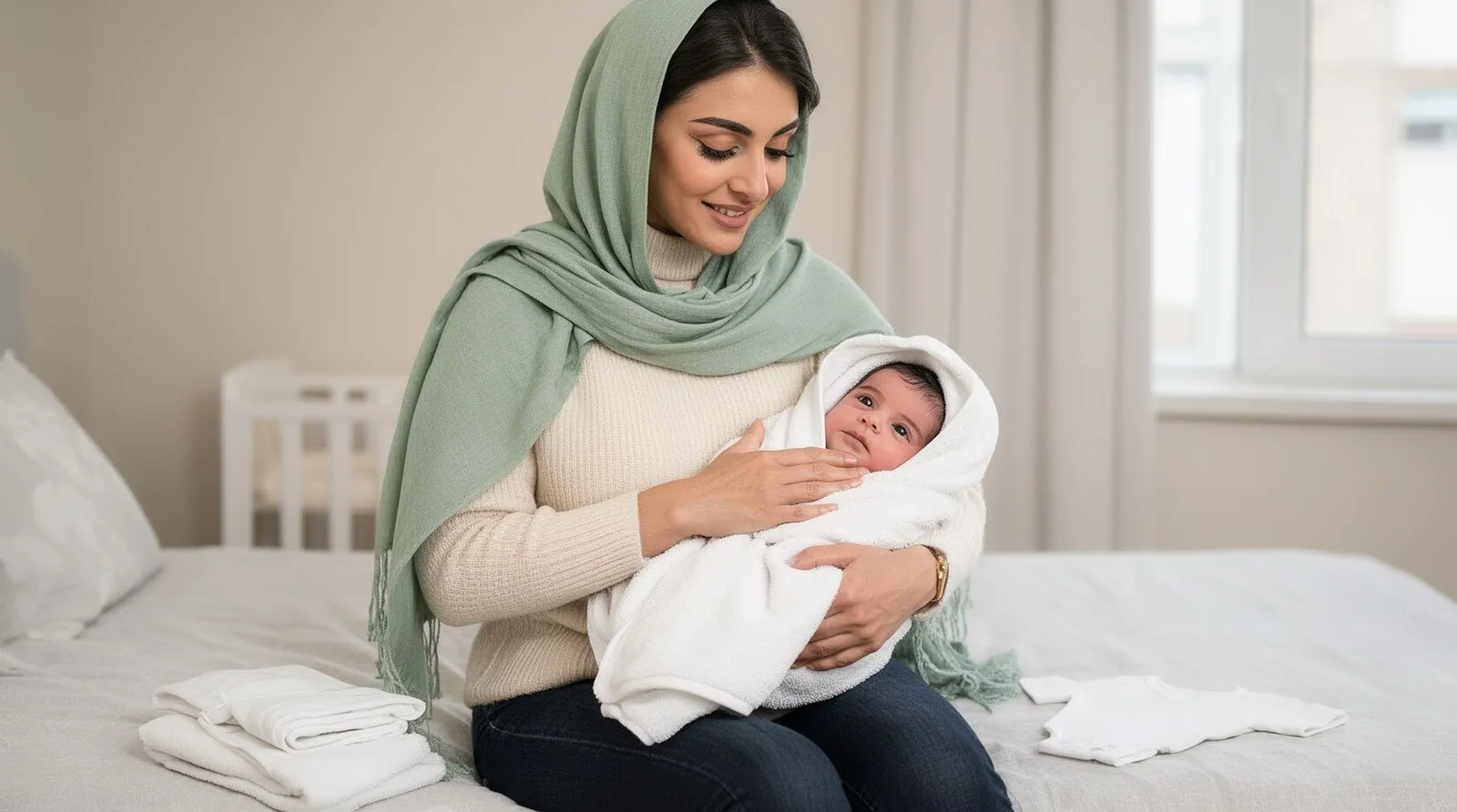 مادر با شال سبز روشن، نوزاد دوهفتهای را بعد از حمام در حولهٔ کلاهدار سفید پیچیده و در آغوش گرفته است