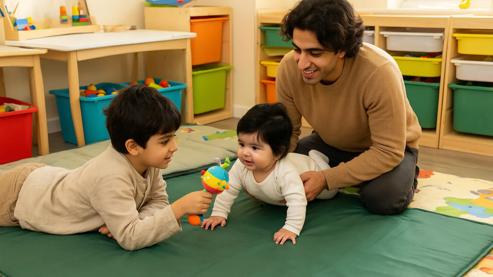 نوزاد چهارماهه روی شکم روی تشک سبز سرش را بالا گرفته و برادر و پدرش با جغجغه تشویقش میکنند