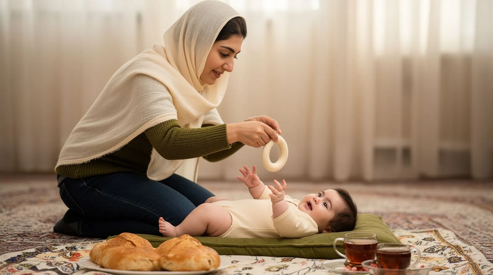 مادر با شال سبک حلقهٔ نمدی را بالای سر نوزاد سه‌ماهه تکان می‌دهد و او با شوق دست‌هایش را بالا برده است