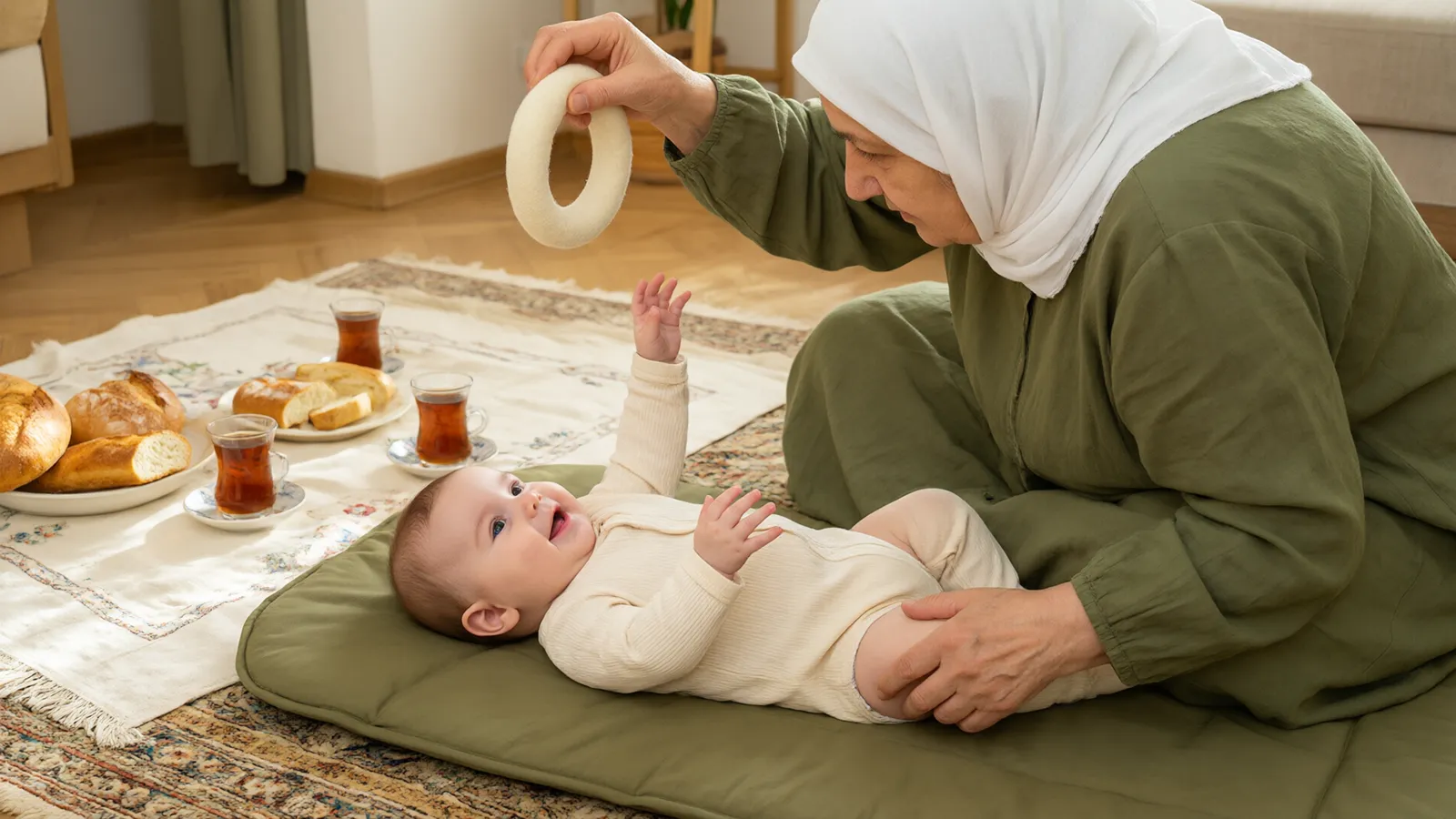 مادربزرگی کنار سفره حلقه پارچهای را بالای نوزاد گرفته و نوزاد هر دو دستش را به سویش دراز میکند.