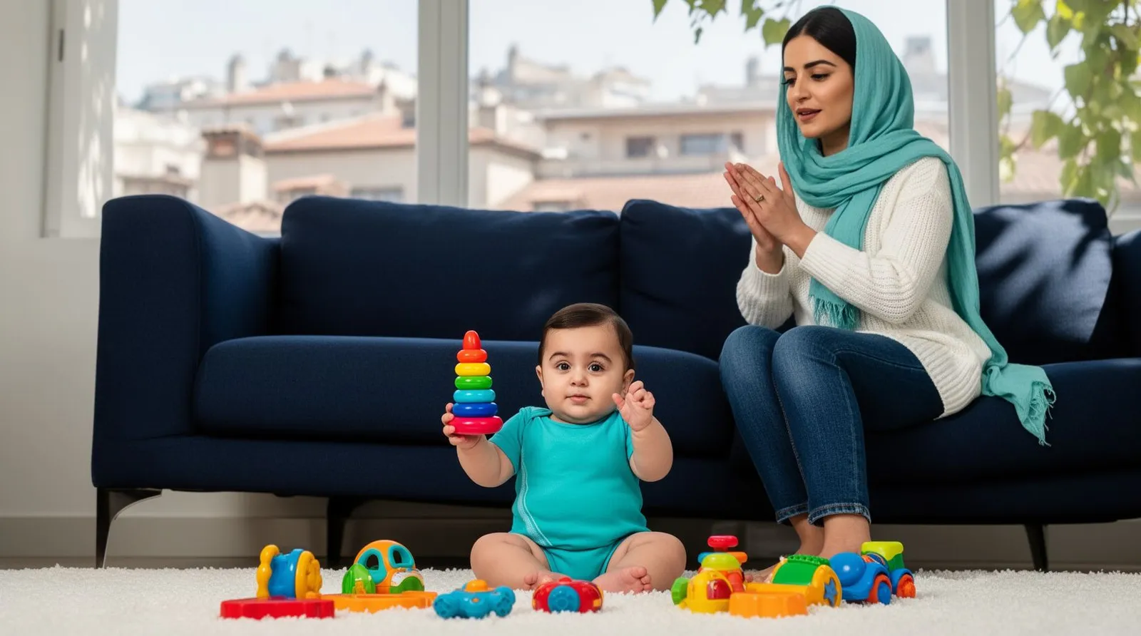 پسربچهٔ دهماهه حلقهٔ رنگی را بالا گرفته و مادر با شال سبک روی مبل برایش دست میزند