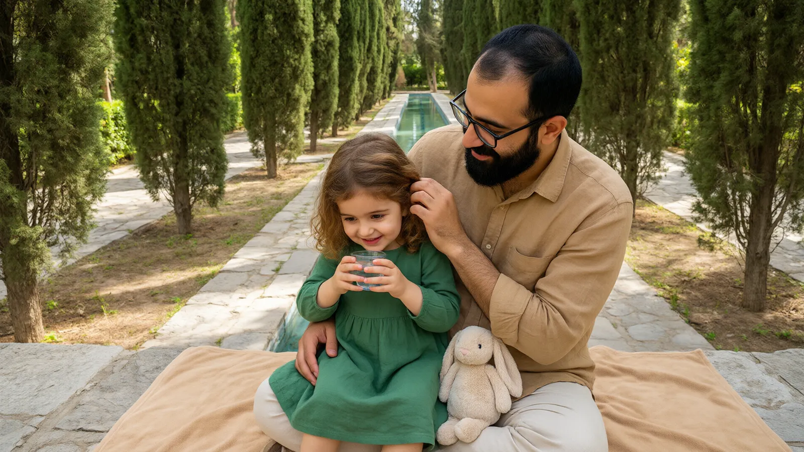 دختر سهساله با پیراهن سبز در باغ ایرانی آرام در آغوش پدر عینکی آب مینوشد و پدر موهایش را نوازش میکند