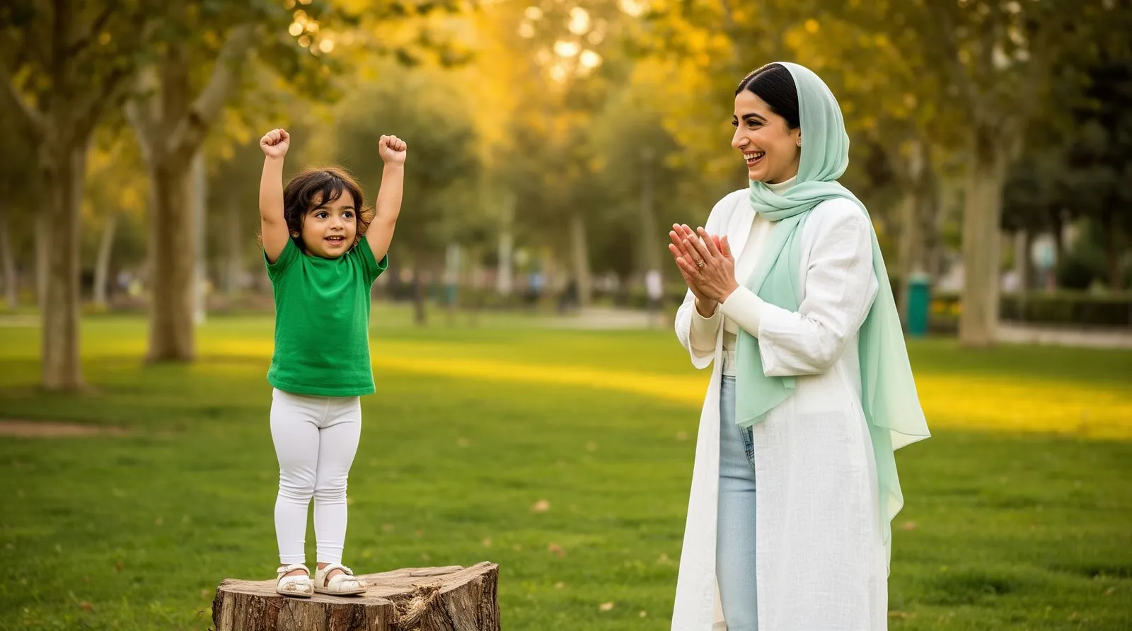 دختر سهسالونیمه با افتخار روی کندهٔ درخت ایستاده و مادر برایش دست میزند
