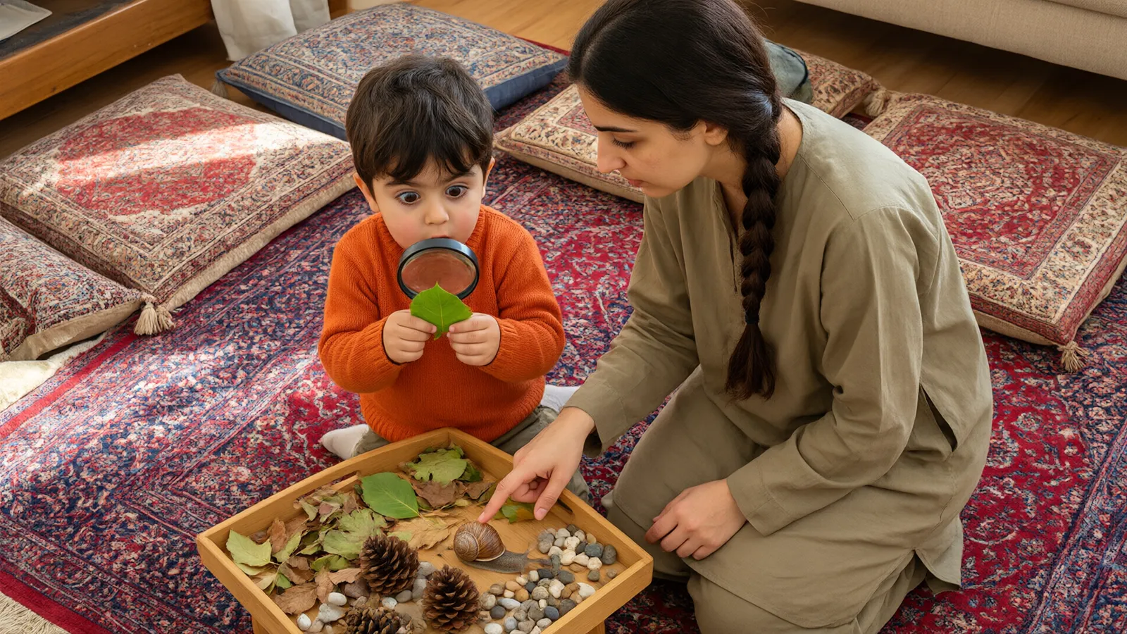 پسر چهارساله روی فرش قرمز و نیلی با ذرهبین برگ را بررسی میکند و مادر و خواهرش کنجکاو همراهیاش میکنند