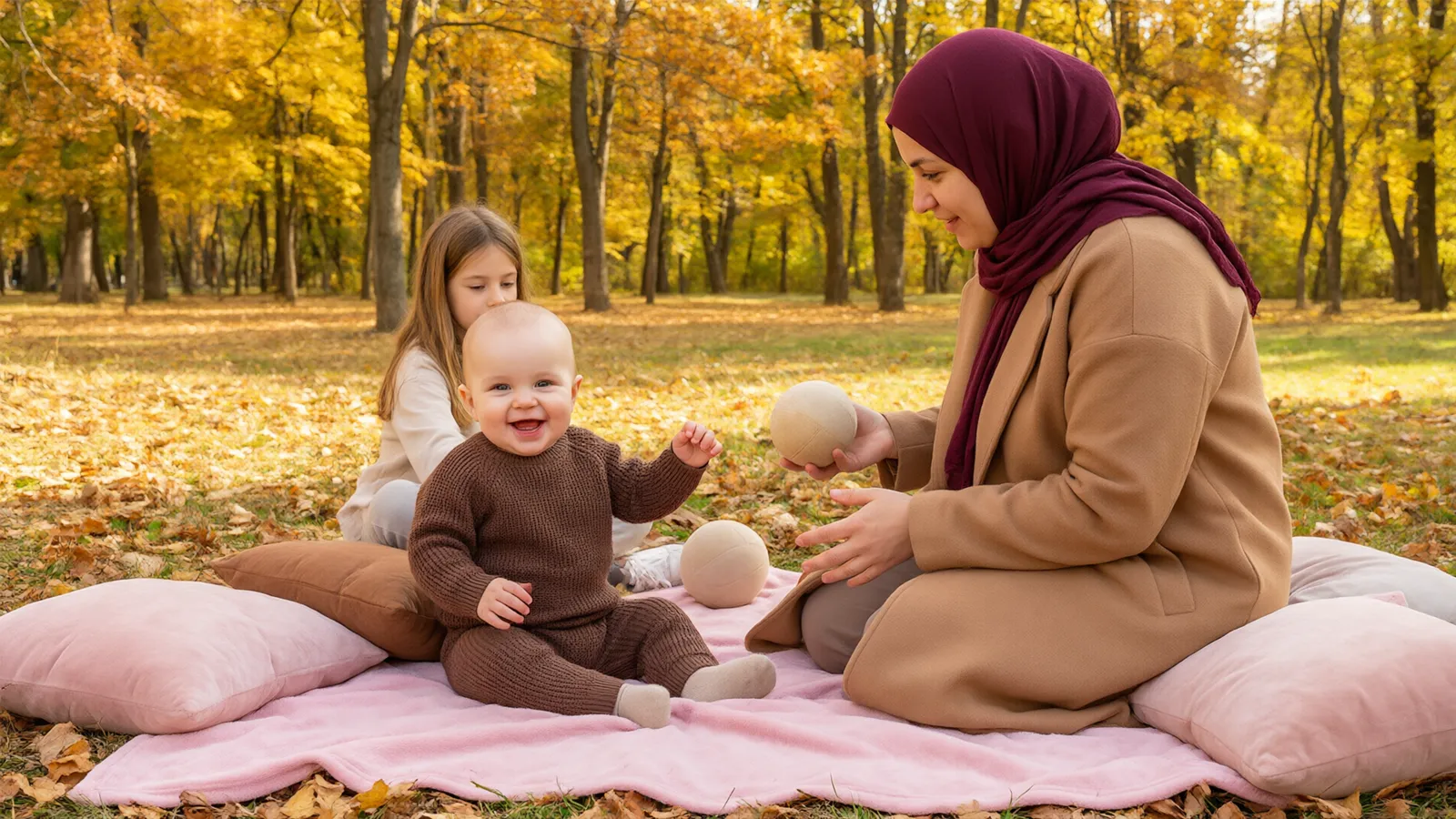 نوزادی روی پتوی صورتی در پارک پاییزی با غرور نشسته و مادر و خواهرش کنارش هستند.