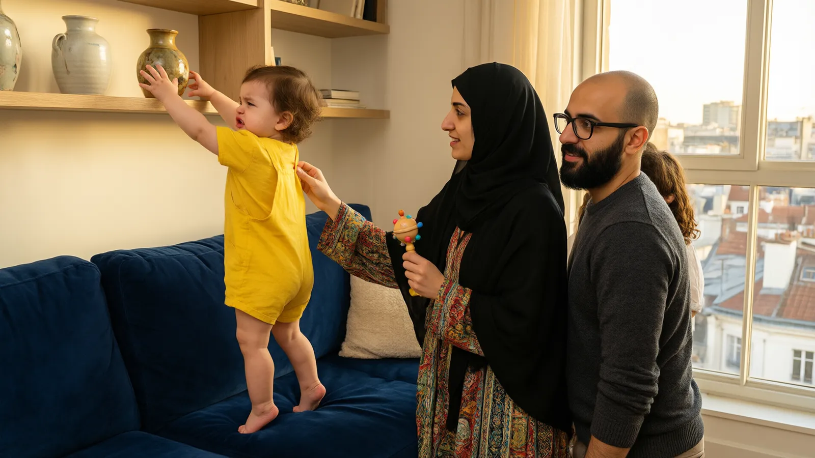 دختر سیزده ماهه برای گلدان روی قفسه دست دراز کرده و مادر با چادر مشکی جغجغهای به او پیشنهاد میدهد