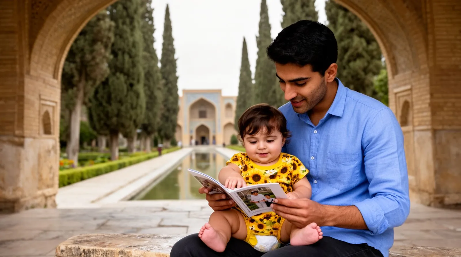 پدر کنار باغ با نوزاد شش‌ماهه‌اش آلبوم عکس خانوادگی را نشان می‌دهد و بچه با شوق به آن دست می‌زند