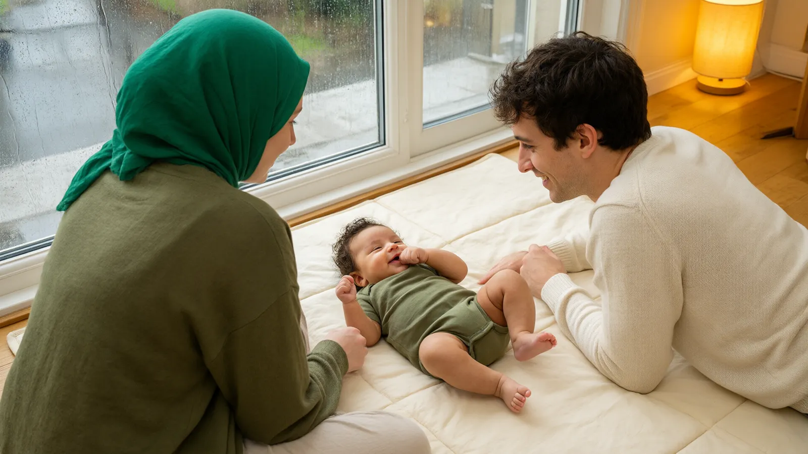 نوزادی کنار پنجره بارانی مشتش را می‌مکد و پدر و مادرش با لباس زیتونی و کرم به او نگاه می‌کنند.