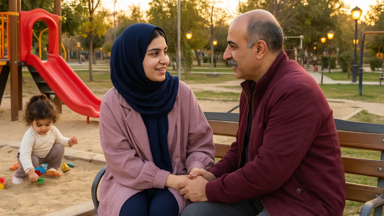 زن و شوهری دست در دست روی نیمکت پارک گفتوگو میکنند و دختر دوسالهشان کنار سرسره قرمز بازی میکند