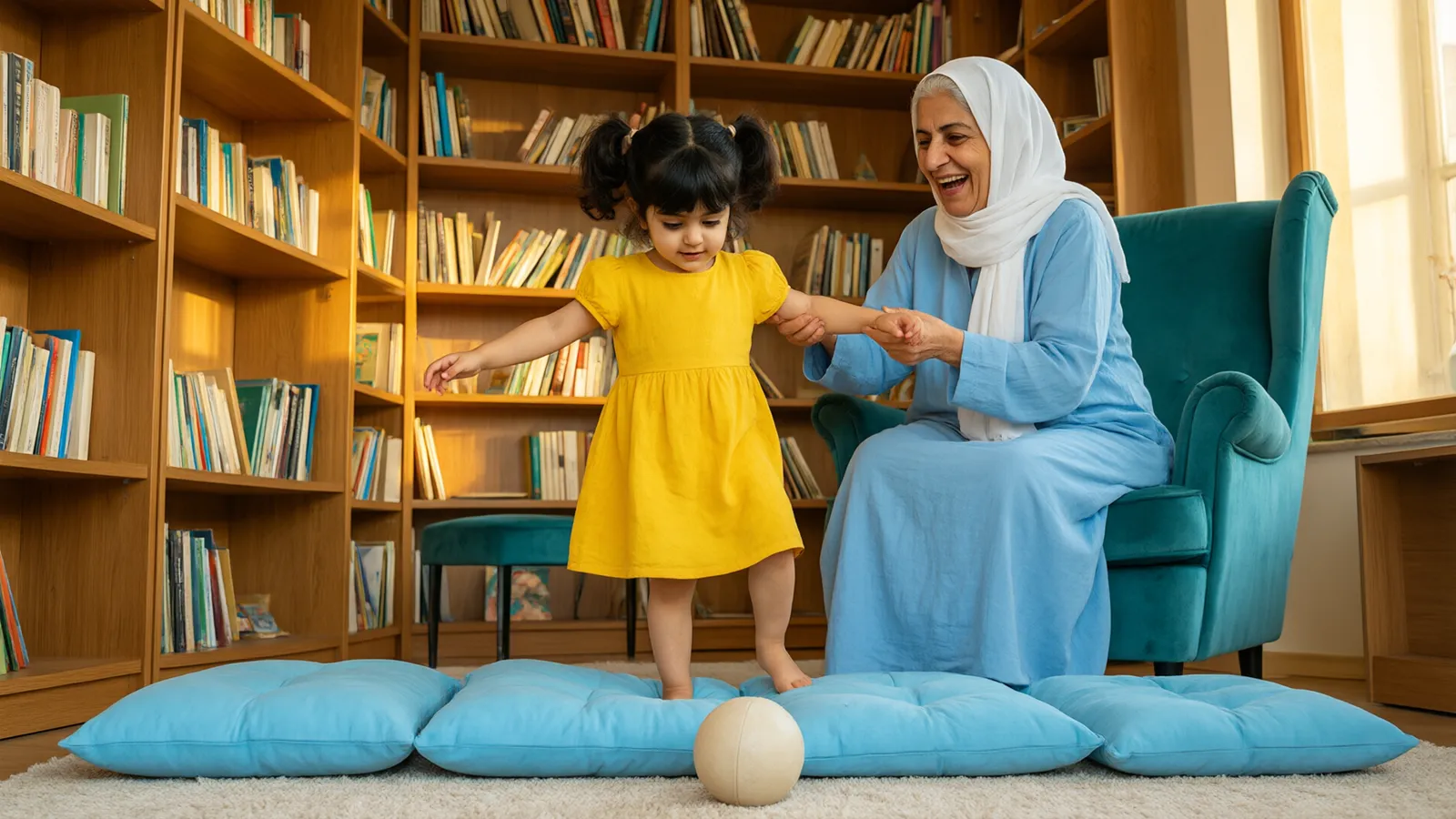 دختر سهساله با پیراهن زرد آفتابگردانی دست مادربزرگ را گرفته و روی کوسنهای آبی تعادلش را حفظ میکند