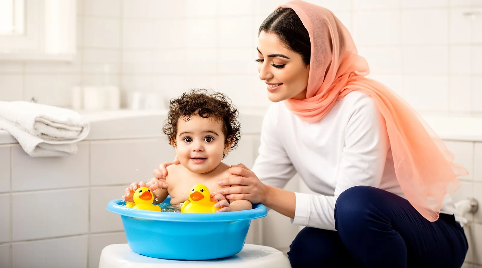 کودک نُهماهه در وان کوچک بازی میکند و مادر با یک دست پشتش را گرفته است