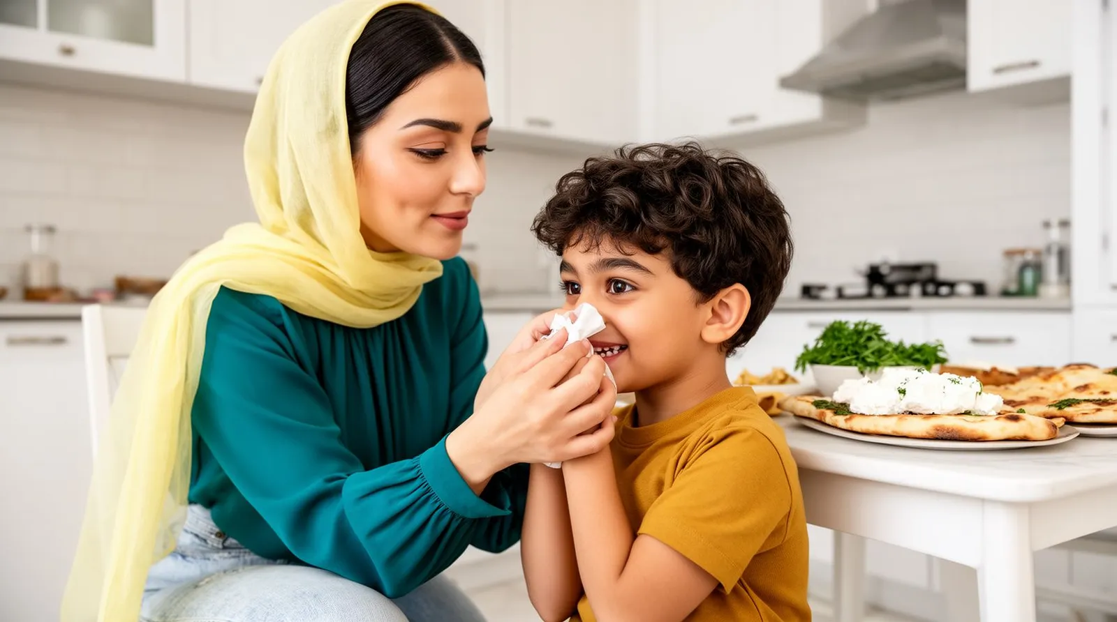 مادر به پسر چهارساله نشان میدهد چطور با دستمال بینیاش را پاک کند