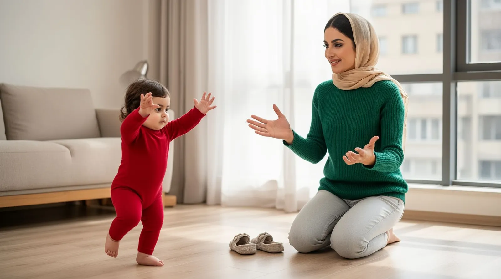 دختر یکساله پابرهنه روی زمین قدم برمیدارد و مادر با آغوش باز جلویش نشسته است
