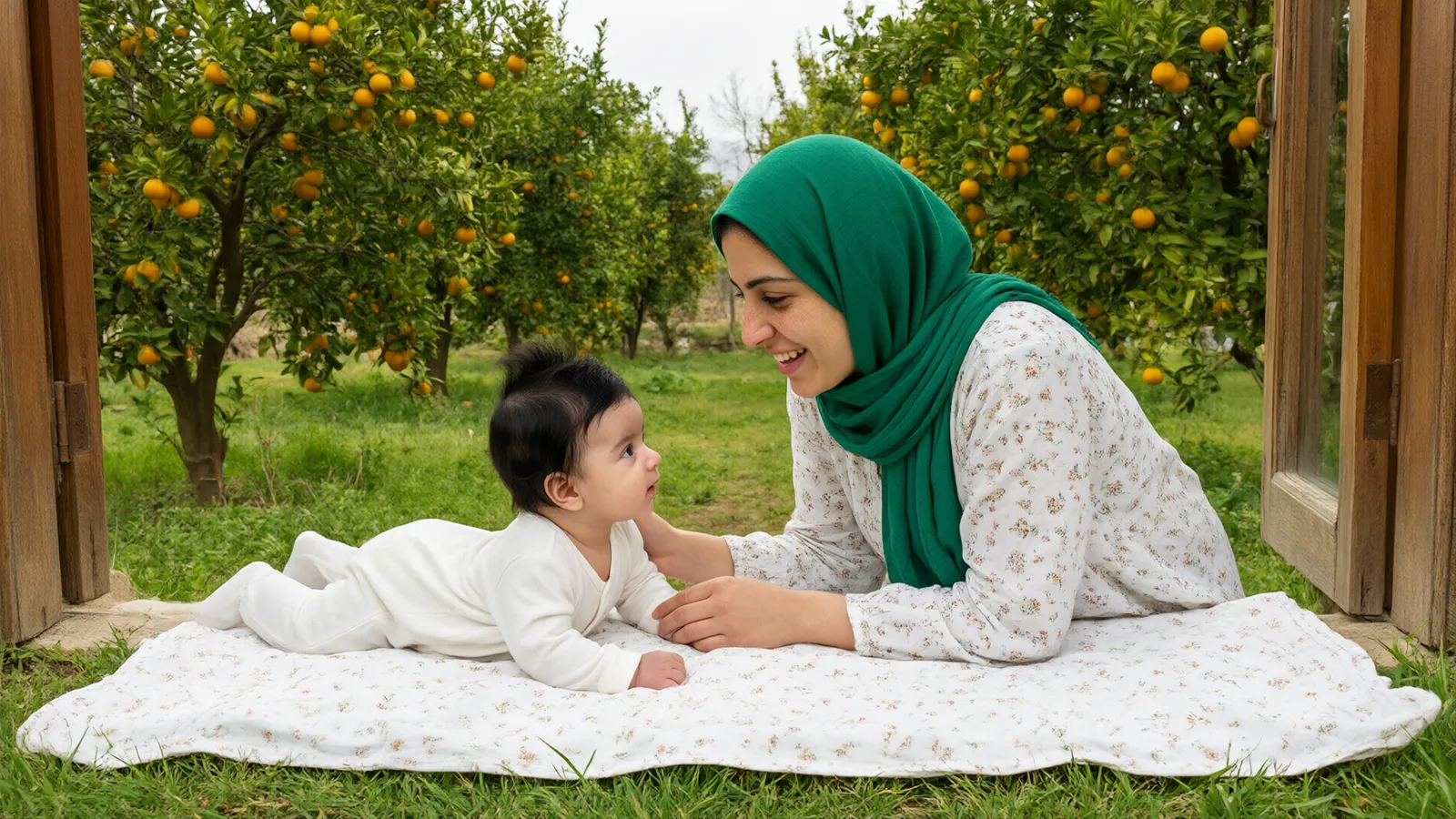 مادری با روسری سبز زمردی روبه‌روی نوزاد شش‌هفته‌ای روی پتوی گلدار در باغ پرتقال شمال دراز کشیده است
