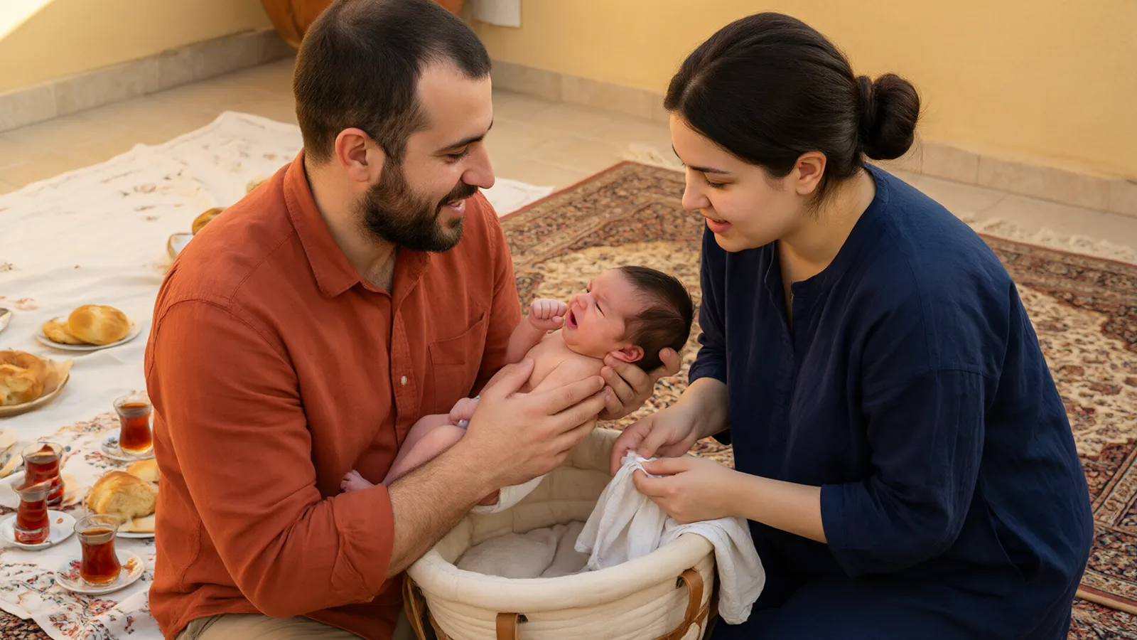 پدری با پیراهن نارنجی کنار سفره نوزادش را بغل می‌کند و مادر با موی جمع‌شده و تونیک سرمه‌ای دستمال می‌آورد.