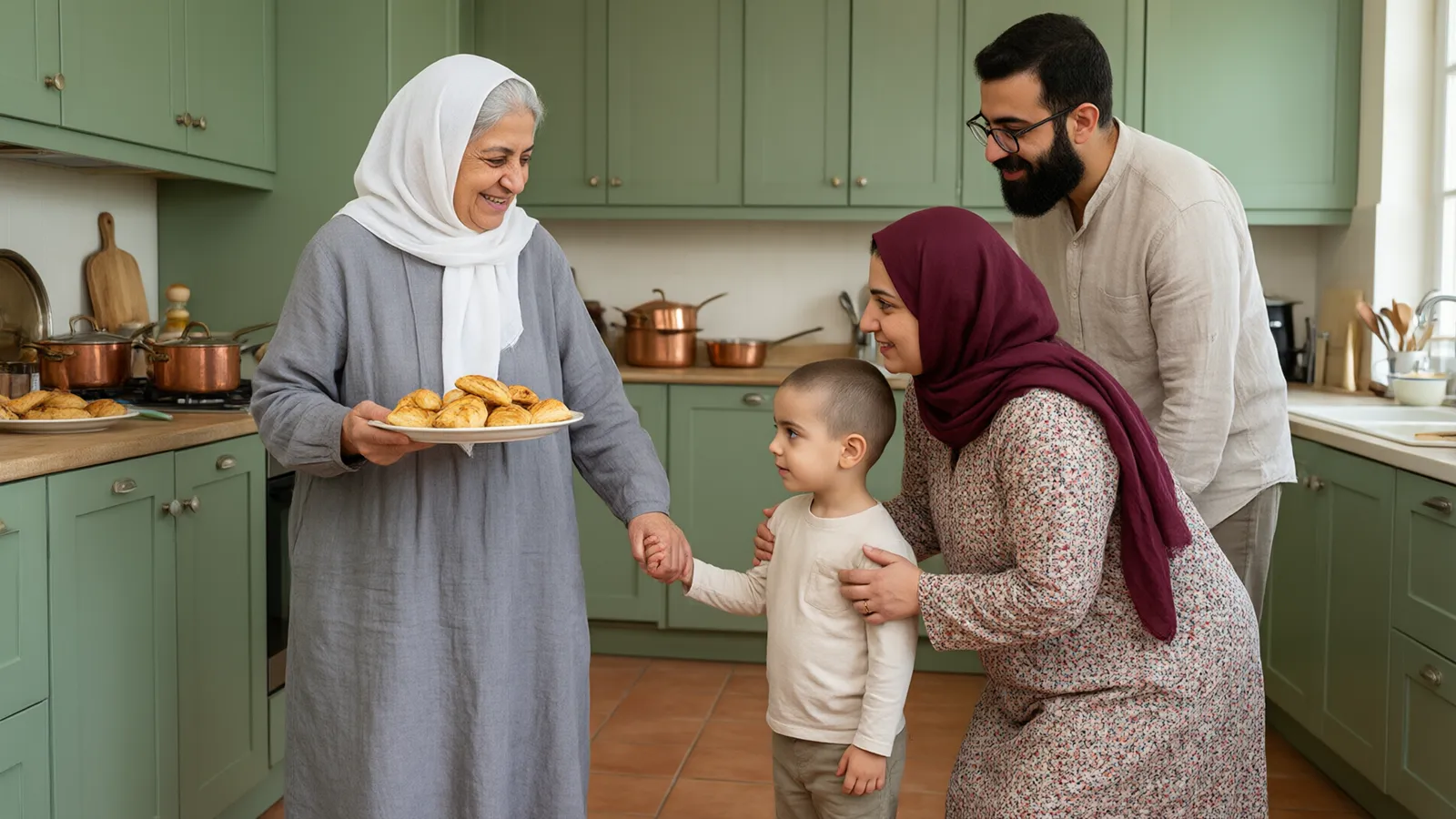 پسر چهارساله خجالتی در آشپزخانه سبز مریمی دست مادرش را گرفته و مادربزرگ مهمان با شیرینی به او دست تکان میدهد.